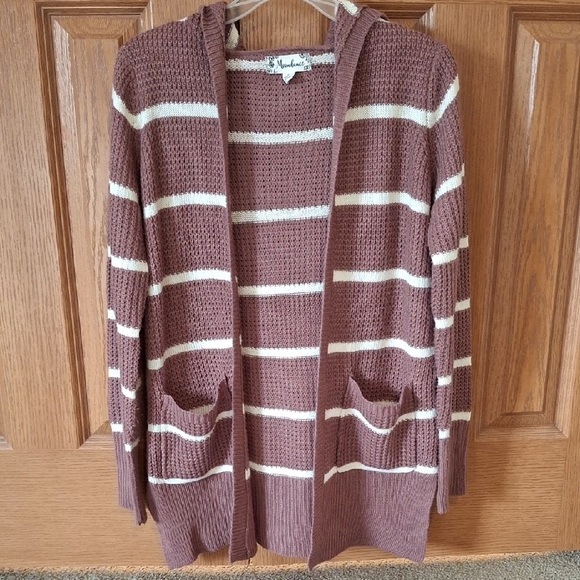 Moondance Sweaters - Striped Hooded Cardigan in Brown and Cream